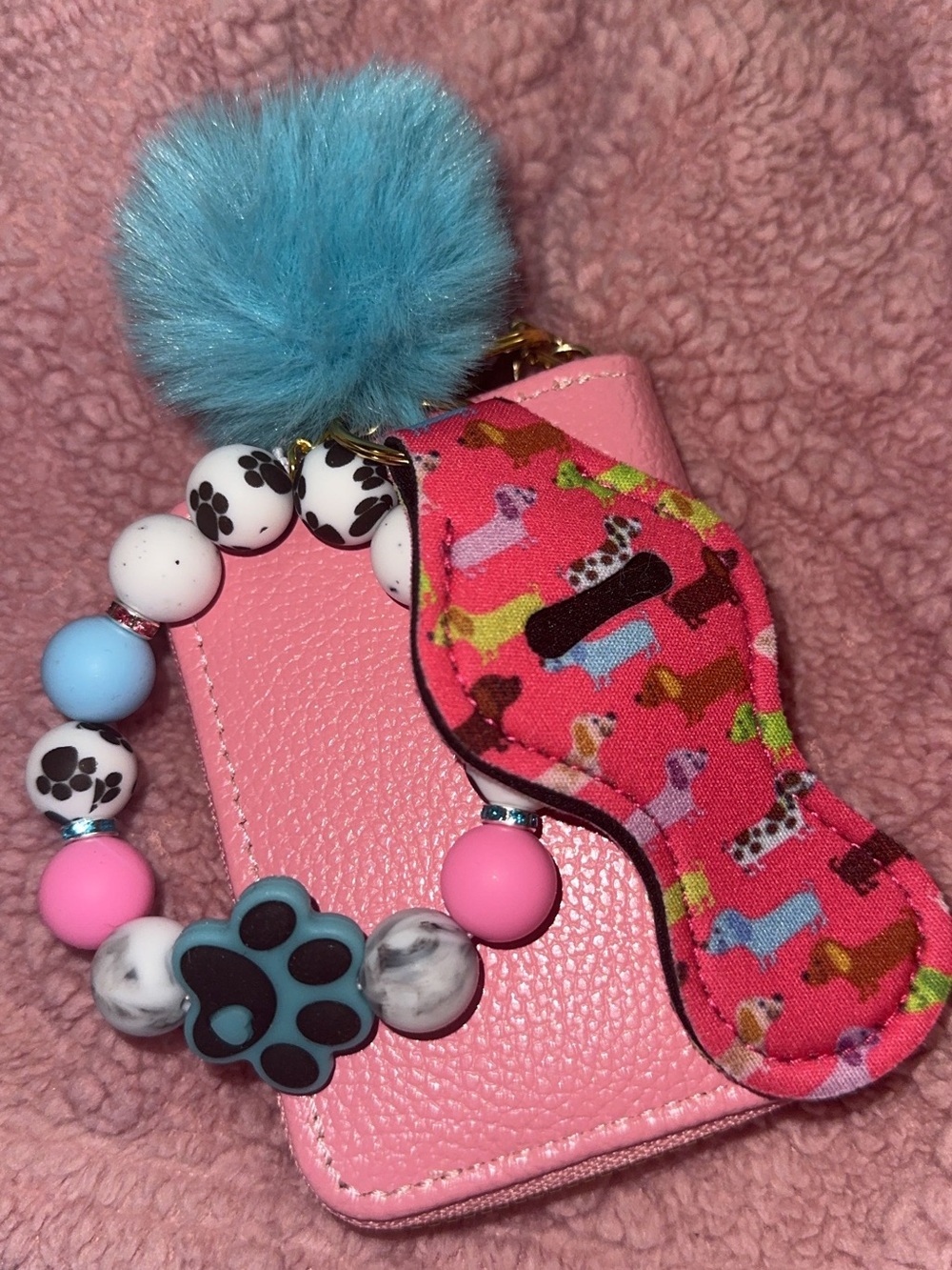 Kids Pink Paw Print Beaded Keychain with Blue Pom Pom